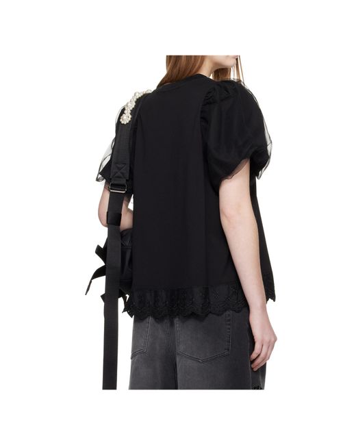 Simone Rocha Black Sheer Puff Sleeve Lace Trim T-Shirt