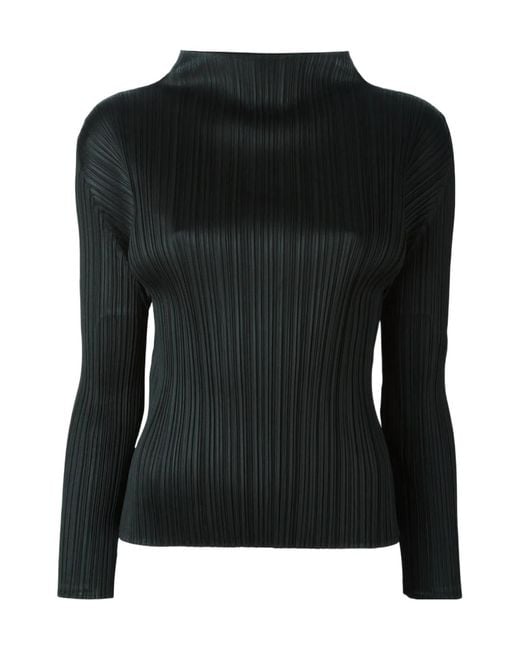 Pleats Please Issey Miyake Black Pleated Funnel Neck Top