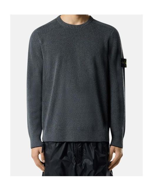 Stone Island Blue Ribbed Crew Neck Knitted Sweater for men
