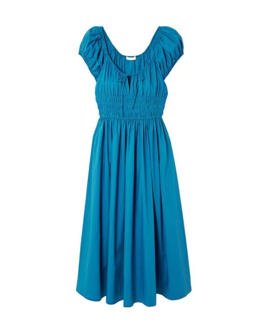 Doen Blue Tie-Waist Pleated Midi Dress