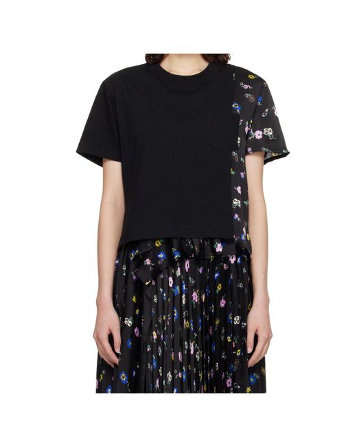 Sacai Floral Print T-Shirt in Black | Lyst