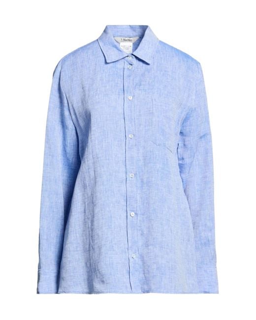 Max Mara Blue Solid Color Linen Long Sleeve Shirt
