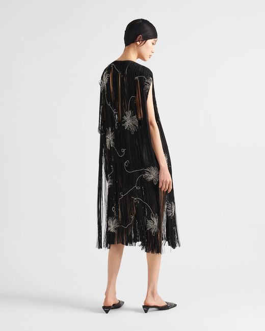 Prada Black Embroidered Dress With Fringe