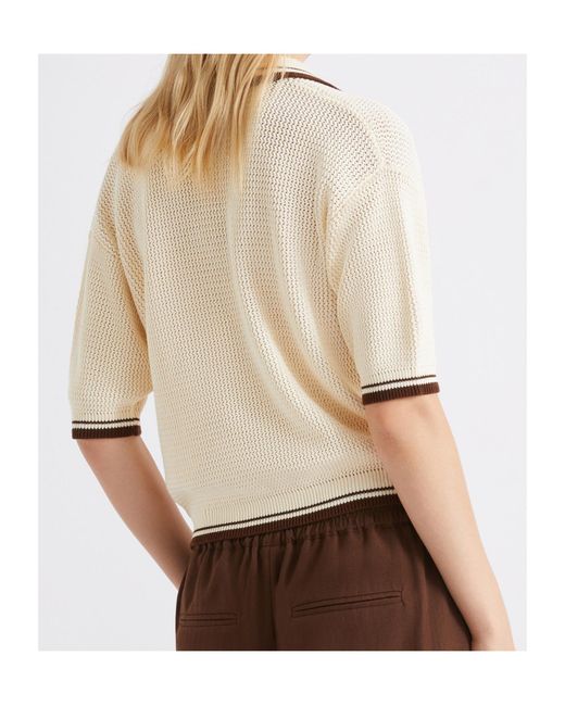 Marella Natural V-Neck Striped Polo-Collar Top