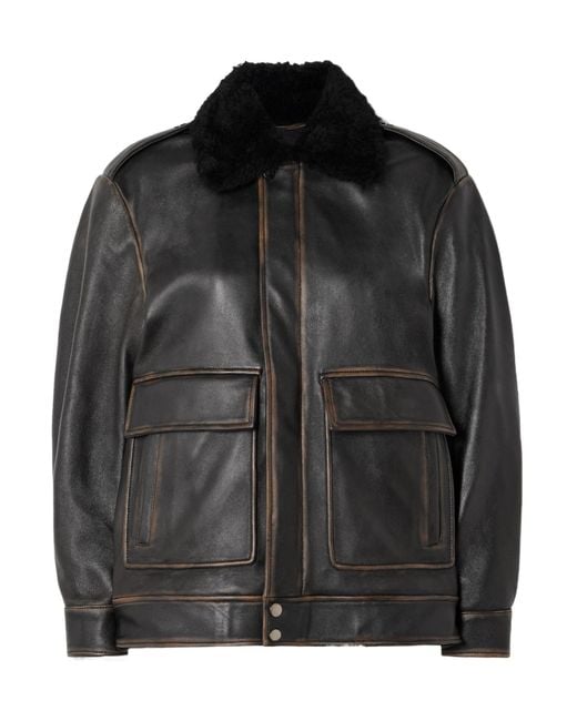 Nour Hammour Black Drey Distressed Shearling-Trimmed Leather Jacket