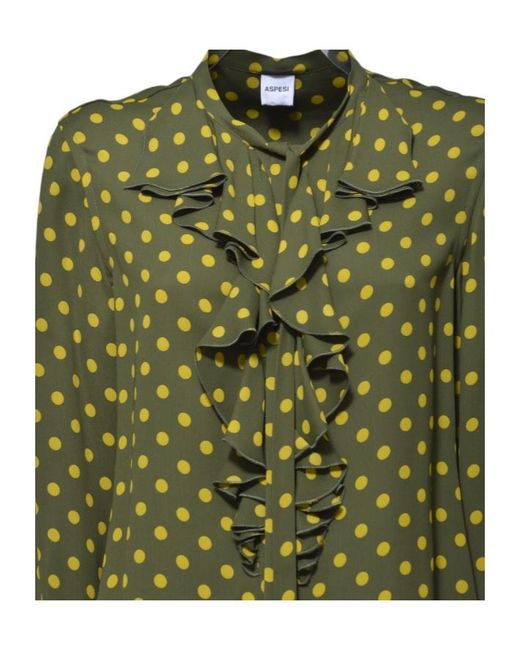 Aspesi Green Polka Dot Viscose Crepe Shirt