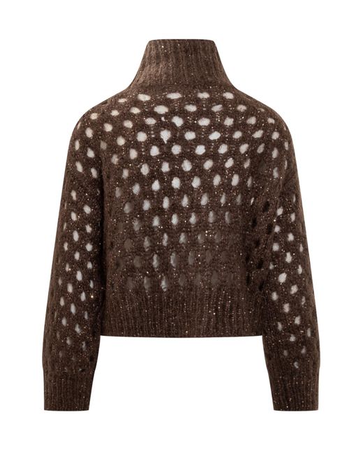 Brunello Cucinelli Brown Sequin-Embellished High-Neck Sweater