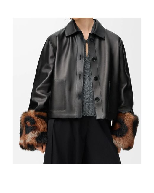 Loewe Black Leopard-Print Shearling-Trimmed Glossed-Leather Jacket