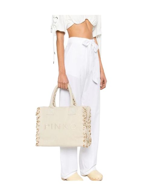Pinko Natural Logo Embroidered Frayed-Edge Tote Bag