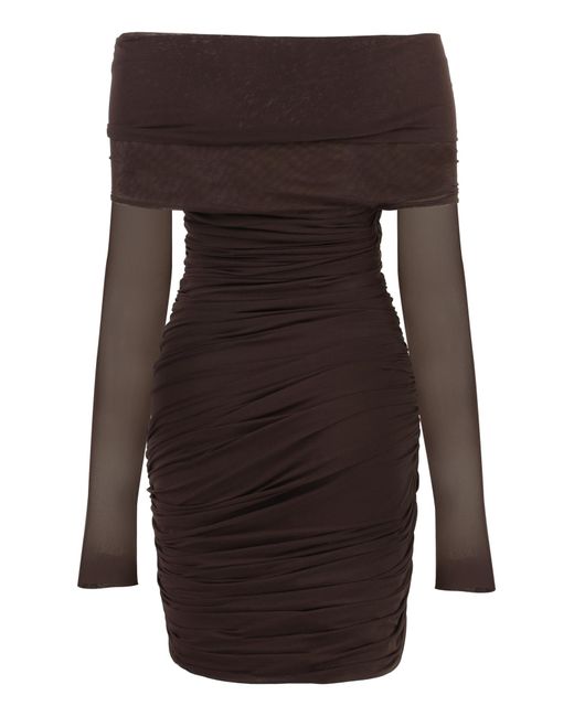 Philosophy Di Lorenzo Serafini Brown Bardot Neck Draped Mesh Mini Dress