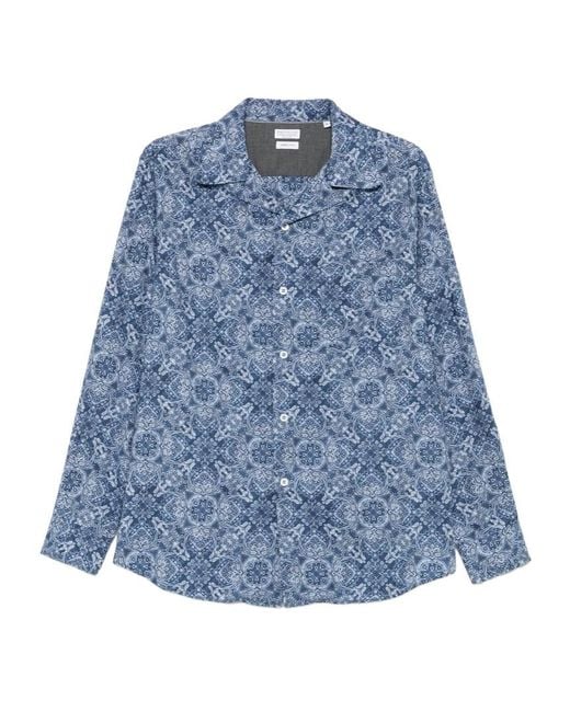 Brunello Cucinelli Blue Patterned Curved Hem Shirt for men