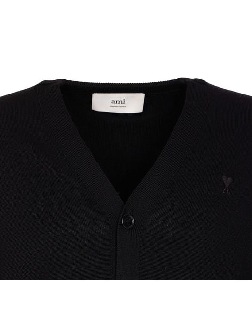 AMI Black Logo Embroidered V-Neck Cardigan for men