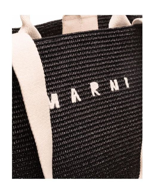 Marni Black Logo Embroidered Raffia Top Handle Tote Bag for men