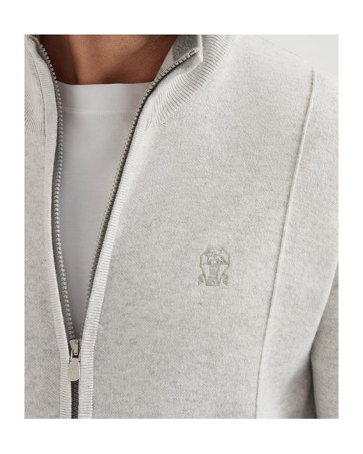 Brunello Cucinelli White Cashmere Double Knit Cardigan With Zipper And Logo for men