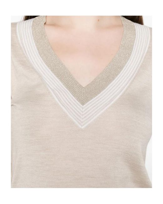 Brunello Cucinelli White Striped V-Neck Knitted Sweater