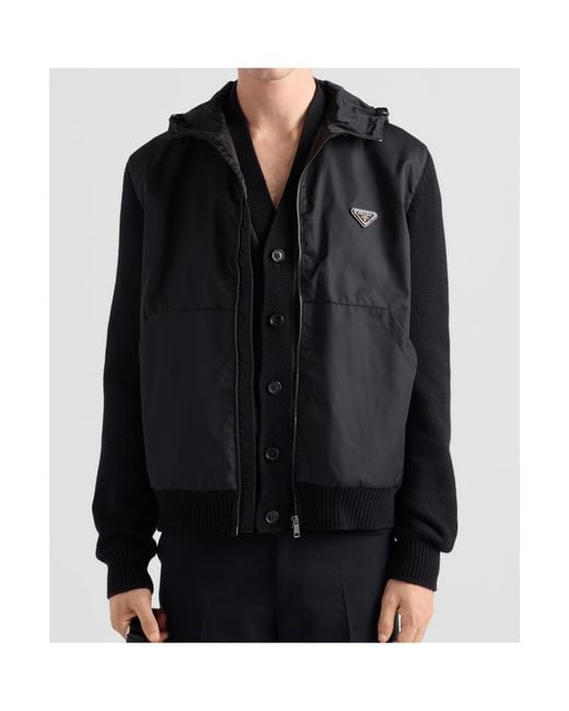 Prada Triangle Logo Zipped Hooded Jacket in Black for Men | Lyst
