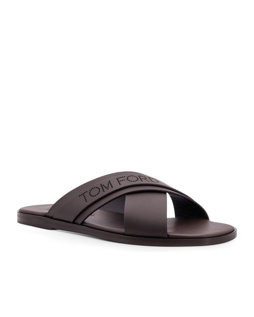 Tom Ford Brown Logo Perforated Open Toe Sandals for men