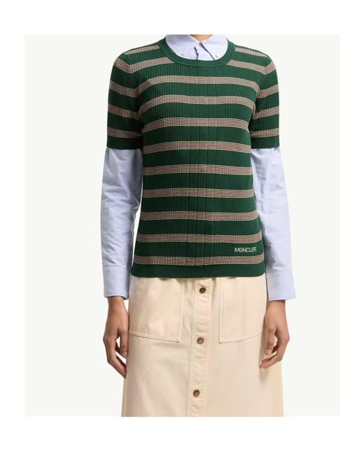 Moncler Green Striped Cotton Short Sleeve Polo Shirt