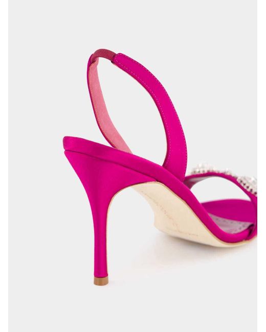 Manolo Blahnik Pink Satin Embellished Slingback Sandals