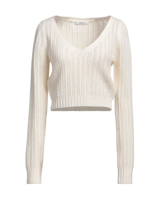 Max Mara White Solid Color Cropped V-Neck Knit Sweater