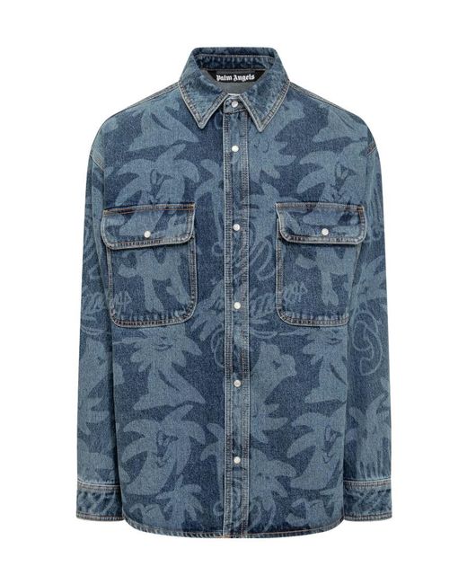 Palm Angels Blue Palmity Overshirt In Denim With Laser Print All-over for men