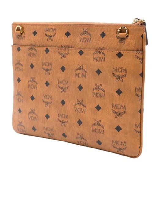 MCM Brown Logo Patterned Zipped Clutch Bag