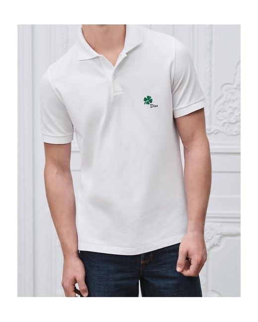 Dior White Polo Shirt With Clover Embroidery for men