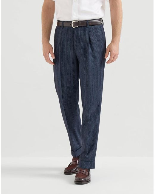 Brunello Cucinelli Blue Cashmere And Silk Chevron Flannel Trousers With Pleat for men