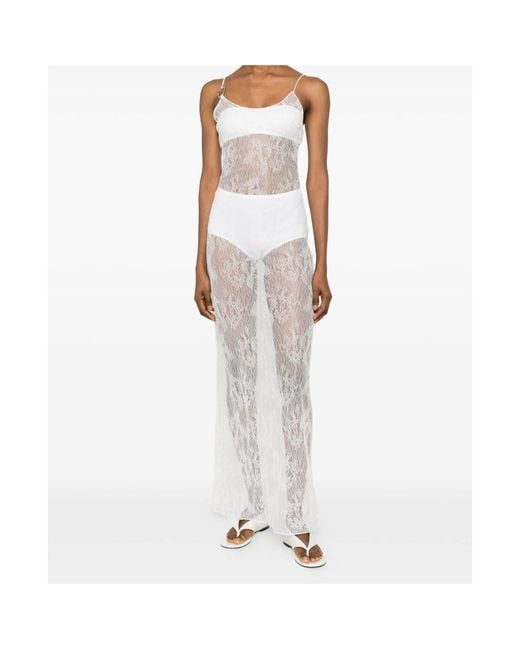 Oseree White Lace Ring-Detail Maxi Dress