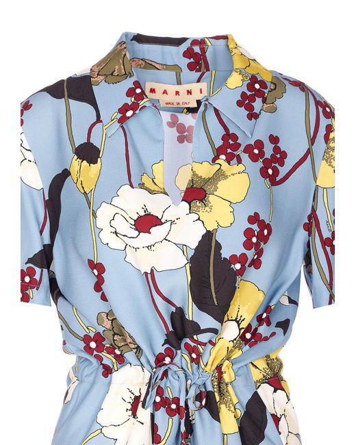 Marni Blue Floral Print Short Sleeve Dress