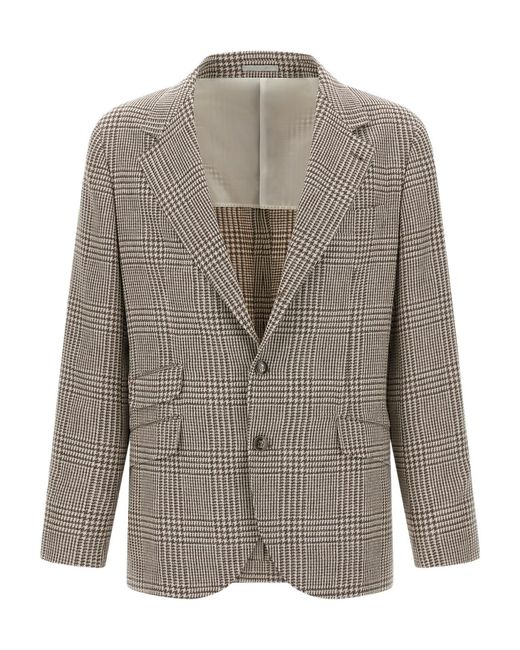 Brunello Cucinelli Gray Single-Breasted Houndstooth Jacket for men