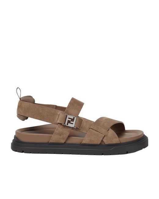 Fendi Brown Ff Interwoven Bands Sandals for men