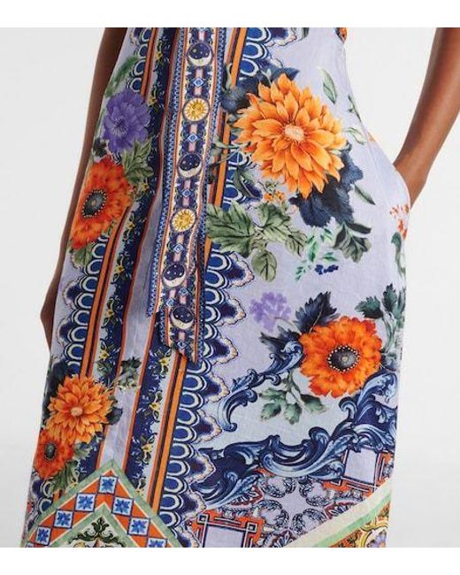 Camilla Blue Printed Linen And Silk Maxi Dress