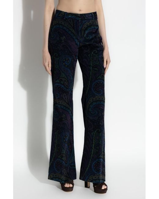 Etro Blue Floral Jacquard Flared Corduroy Trousers