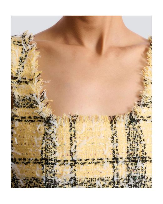 Balmain Metallic Glitter Plaid Tweed Cropped Top