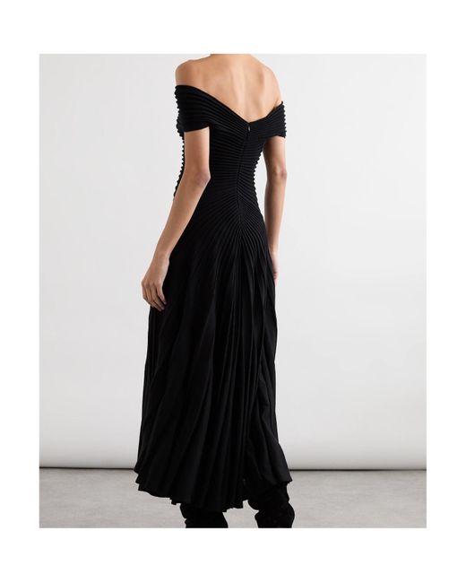 Alaïa Black Off-The-Shoulder Asymmetric Ribbed Wool Midi Dress
