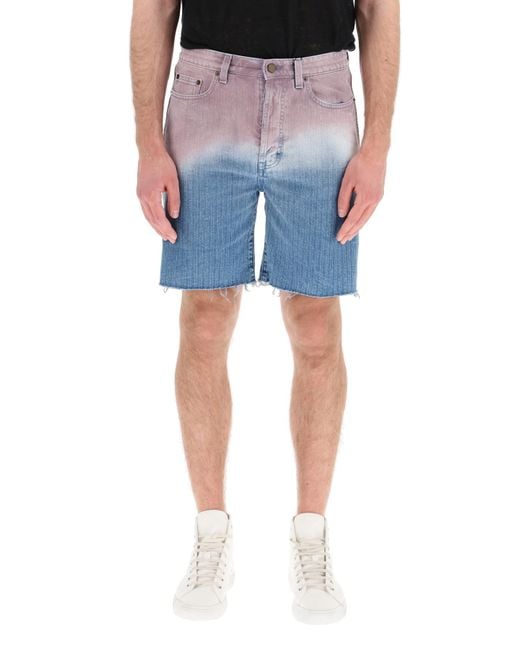 Saint Laurent Blue Gradient Raw Edge Denim Shorts for men