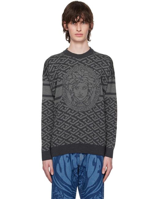 Versace Gray La Greca Medusa Jacquard Jumper for men
