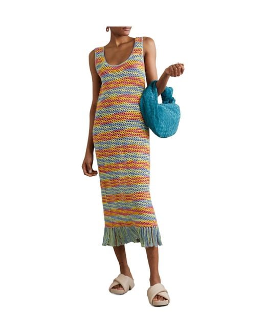 The Elder Statesman Yellow Fringe Crochet Pure Cotton Midi Dress