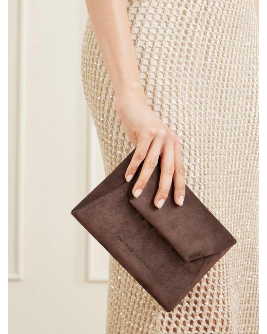 Brunello Cucinelli Brown Suede Chain-Link Cross Body Bag