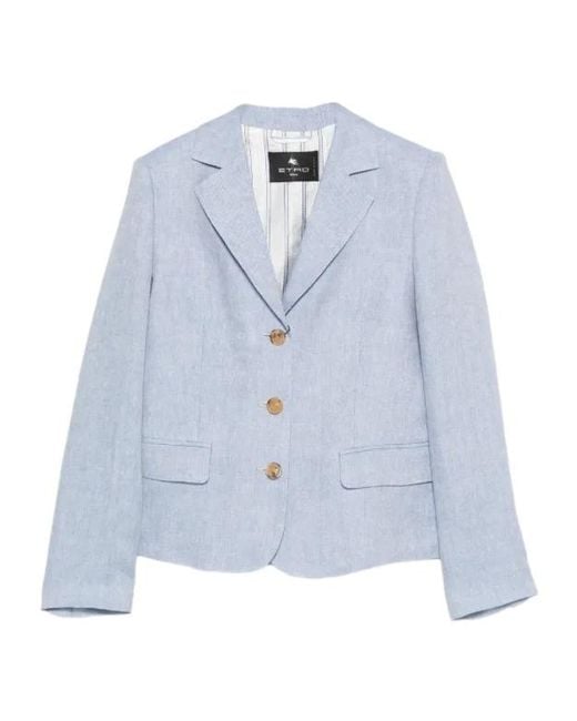 Etro Blue V-Neck Linen Blazer