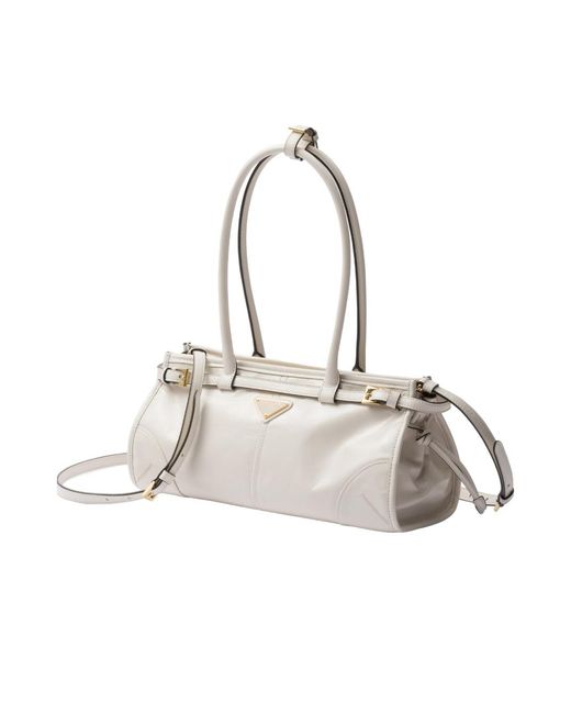 Prada White Triangle-Logo Tote Bag