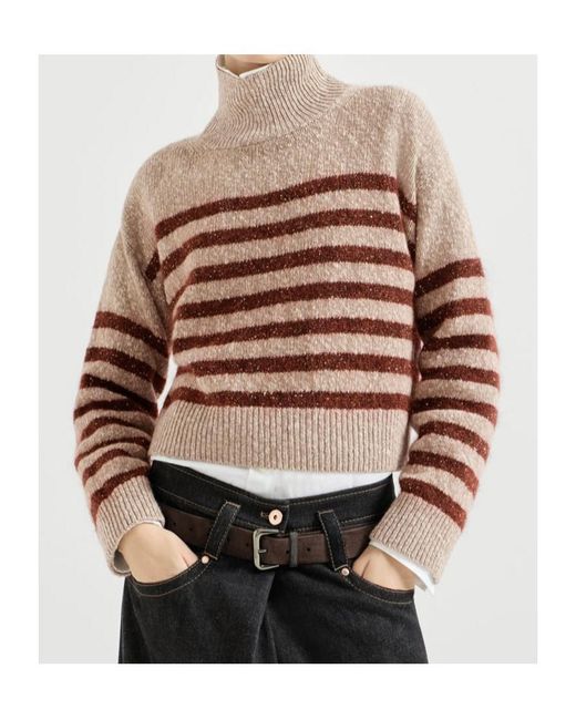 Brunello Cucinelli Multicolor Soft Virgin Wool And Cashmere Turtleneck Sweater With Dazzling Stripes