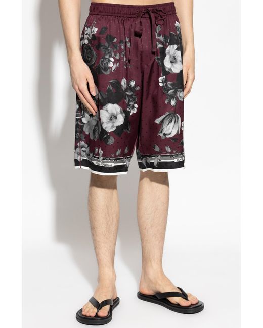 Dolce & Gabbana Red Peony Foliage Printed Shorts for men