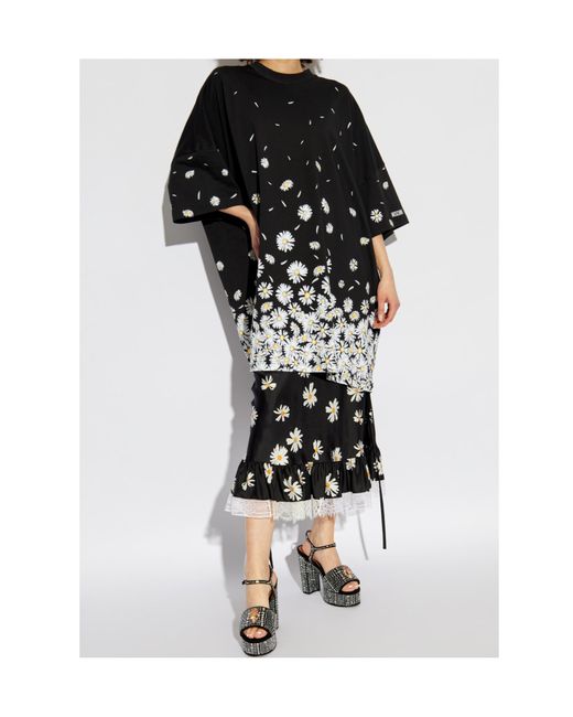 Moschino Black Floral Printed Short-Sleeve Mini Dress