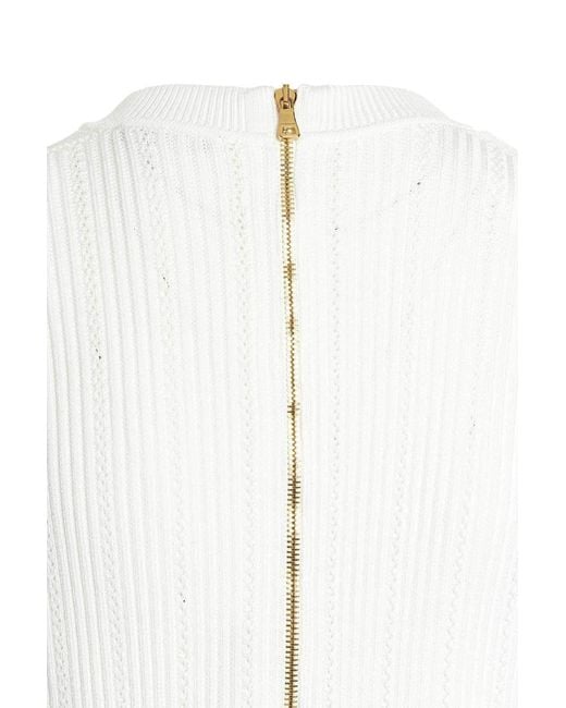 Balmain White Ribbed-Knit Buttoned Minidress