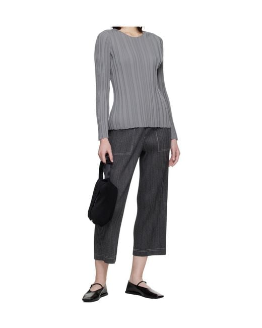 Pleats Please Issey Miyake Gray Ribbed Knit Crew Neck Top