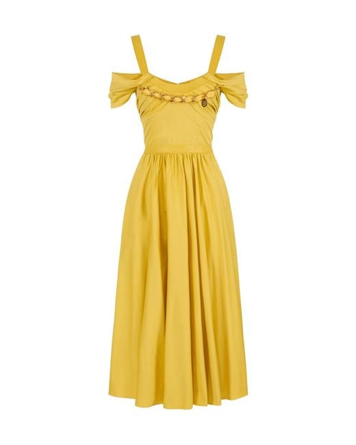 Elisabetta Franchi Yellow Jewel-Chain Off-Shoulder Midi Dress
