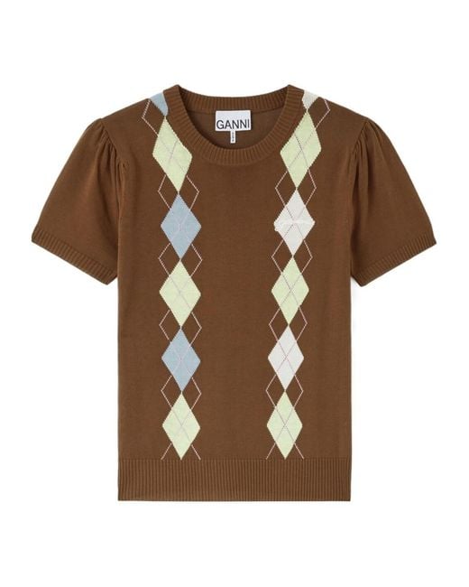 Ganni Brown Argyle Short-Sleeve Knitted Top