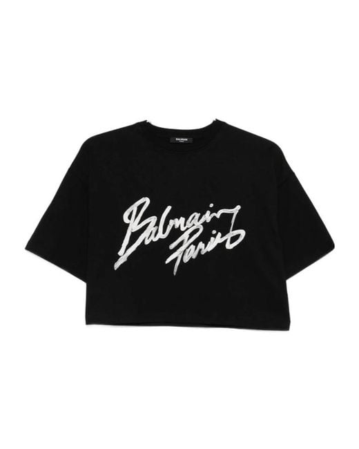 Balmain Black Graphic Printed Cropped T-Shirt